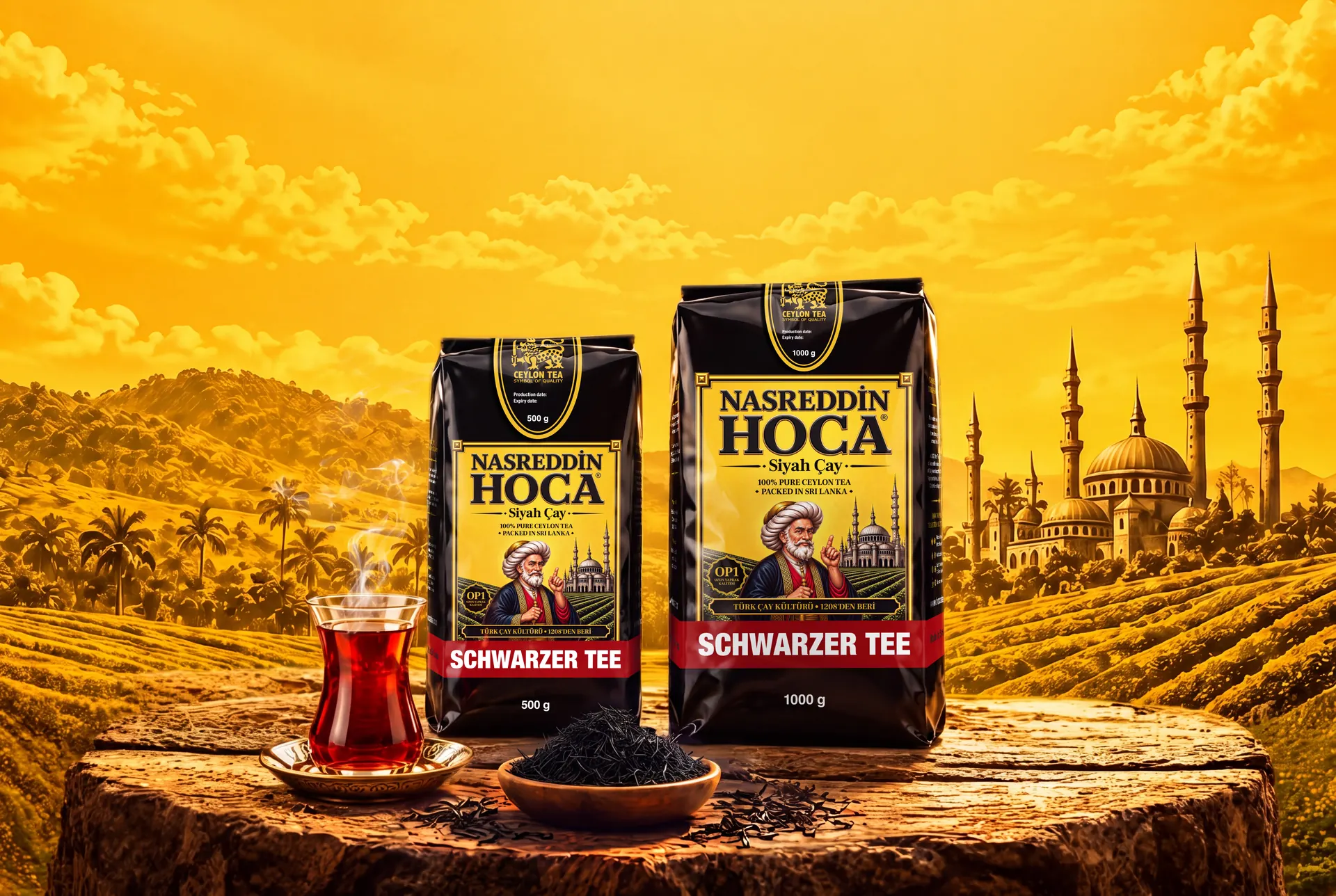 Nasreddin Hoca black tea packs with a glass of tea and loose leaves