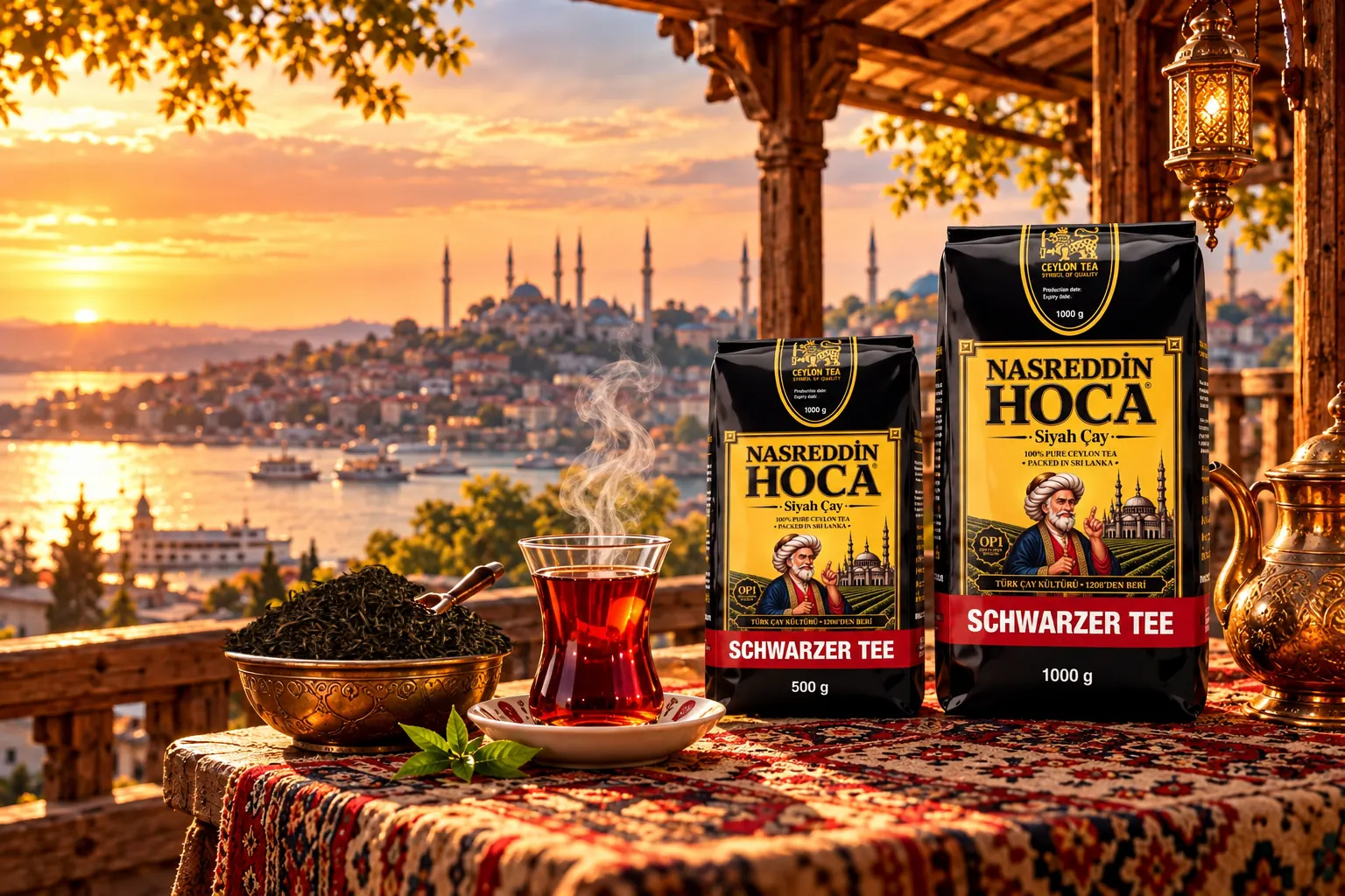 Nasreddin Hoca tea packs next to a glass of tea, Istanbul at sunset