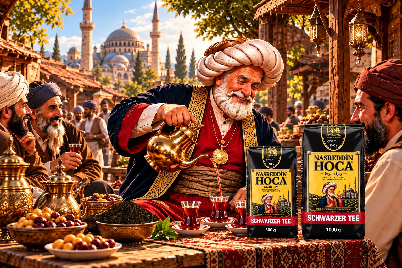 Nasreddin Hoca pouring tea for friends at the bazaar