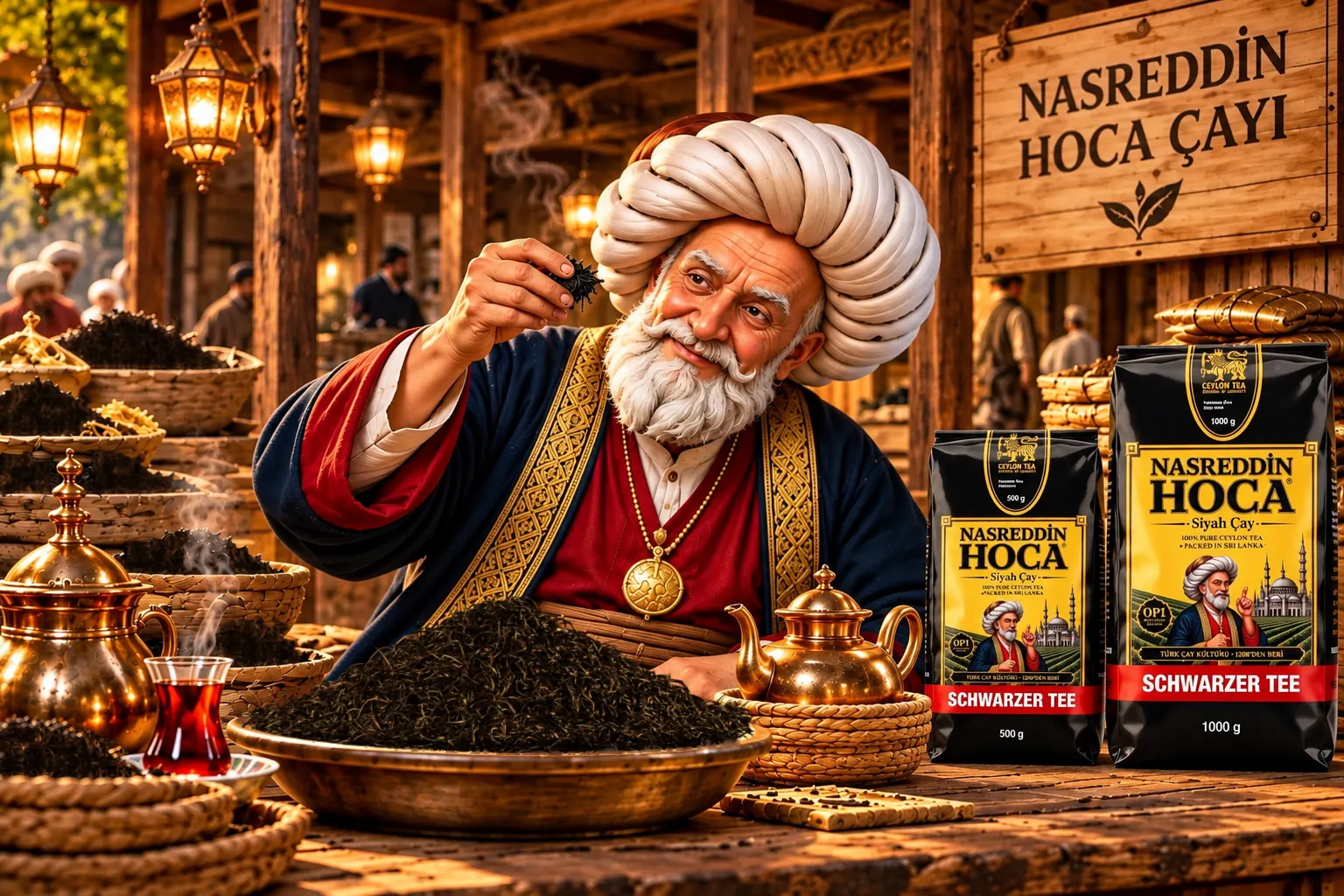 Nasreddin Hoca examining tea leaves at a tea stall